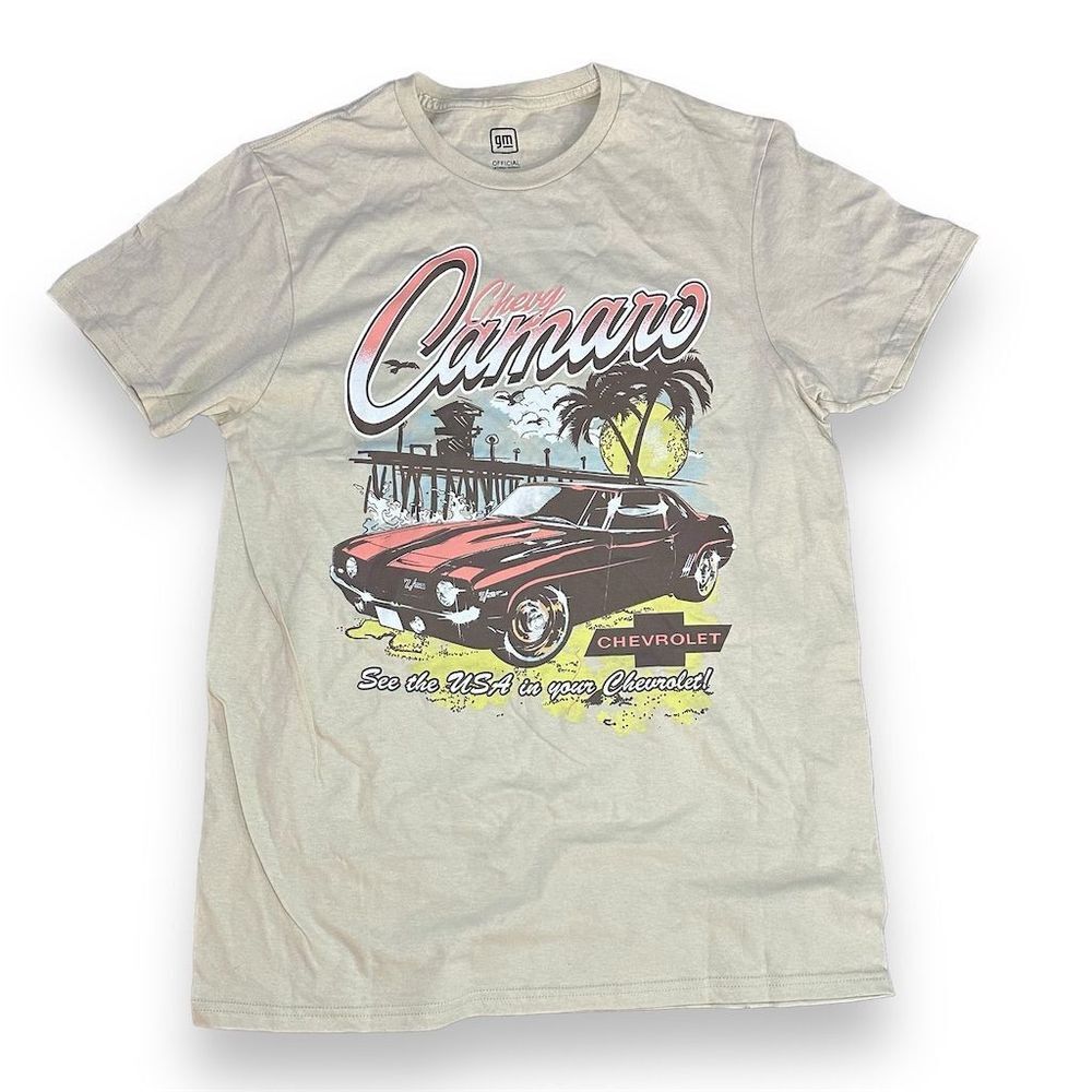 NWOT G M Camaro "See‎ The USA In Your Chevrolet" T-Shirt Men's Size M Beige